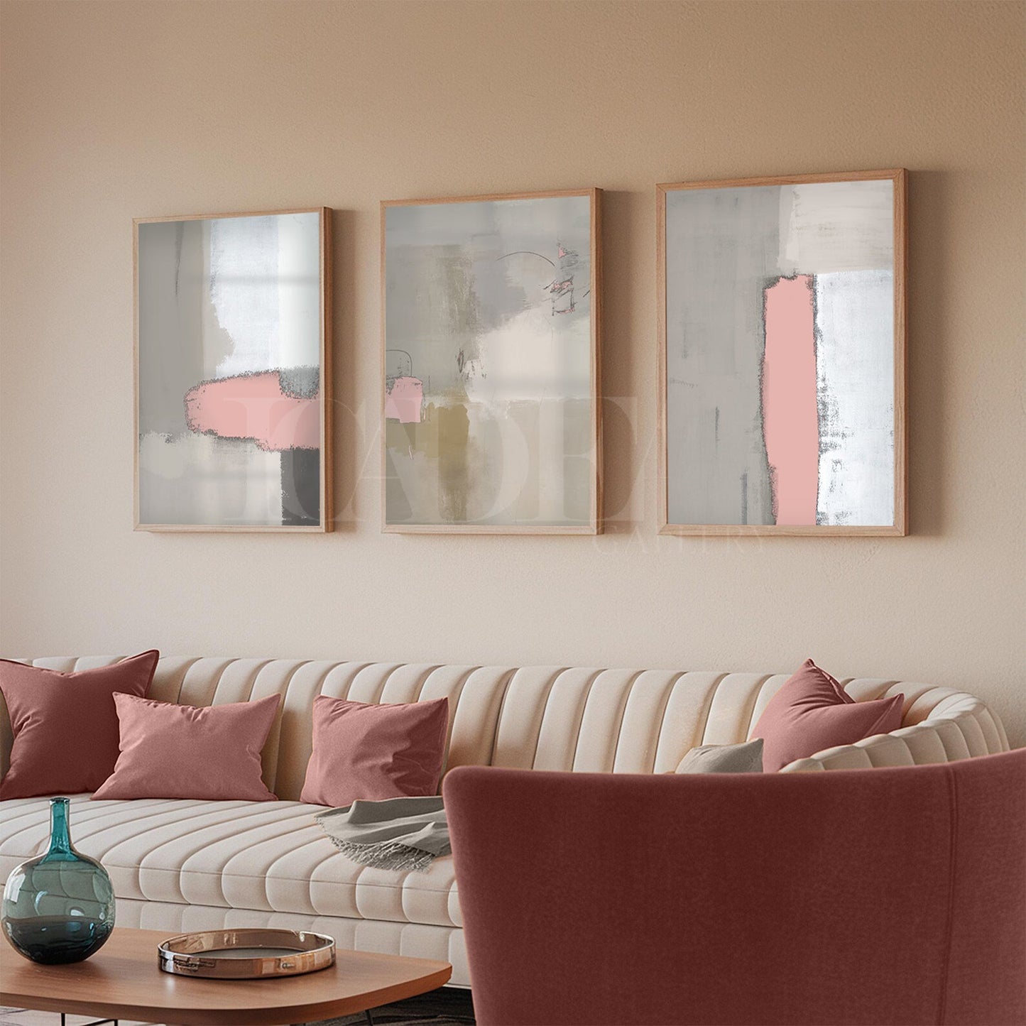 Set of 3 Abstract Wall Art Prints,Rose.
