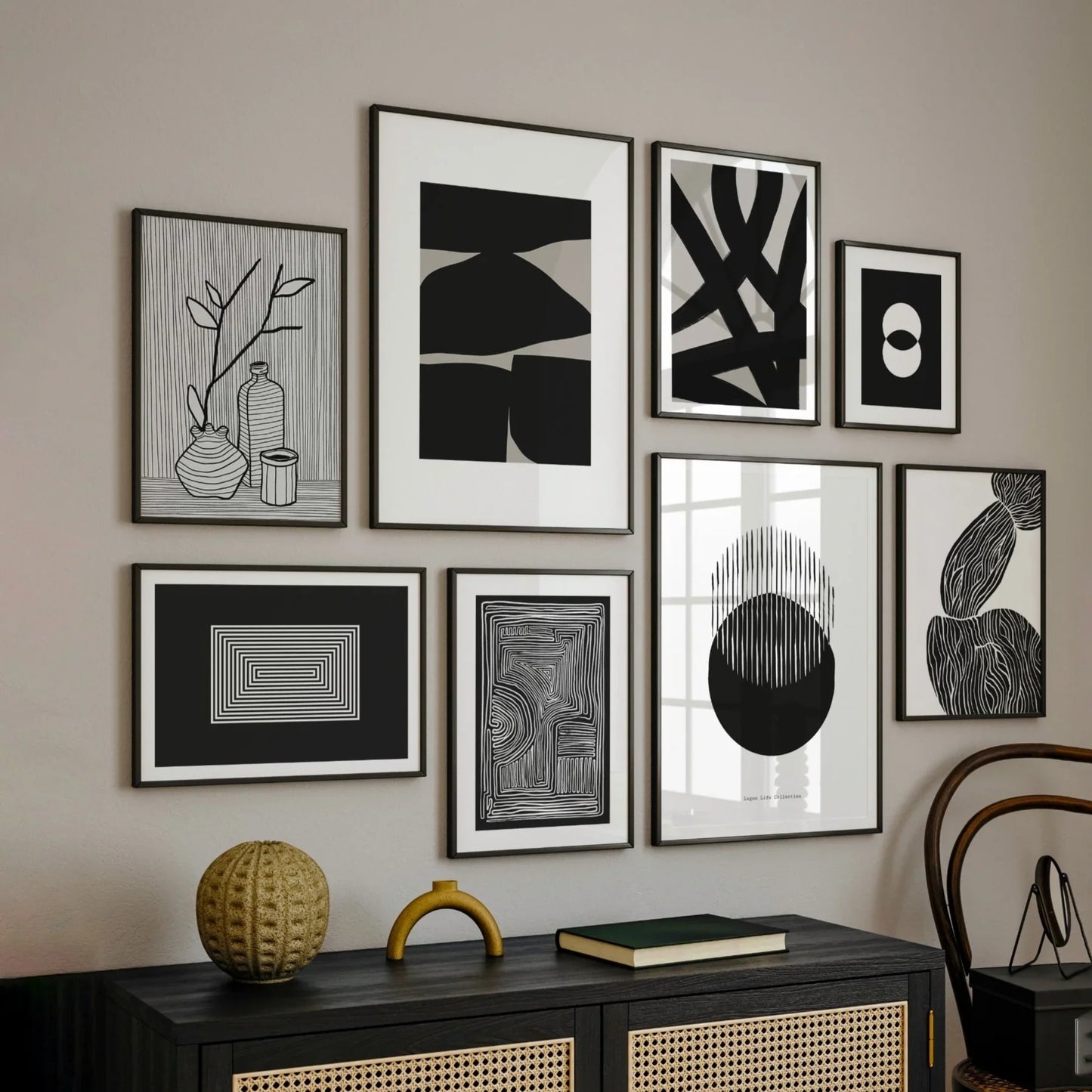 BW Abstract Gallery Wall Minimal Art Set of 8.