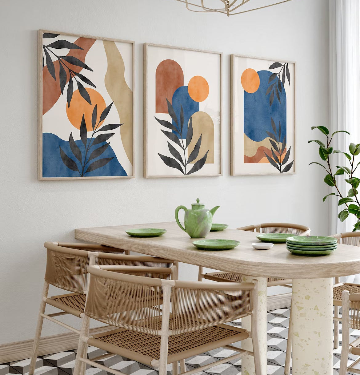 Boho Abstract Wall Art Set of 3, Bohemian Sun Print .