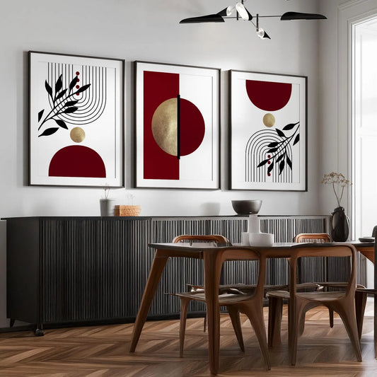 Set of 3 Burgundy Red Wall Art Prints.