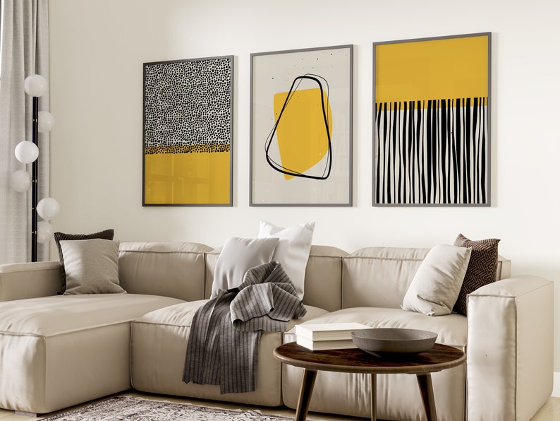 Set of 3 Yellow Wall Art Prints, Art .Style.