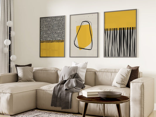 Set of 3 Yellow Wall Art Prints, Art .Style.