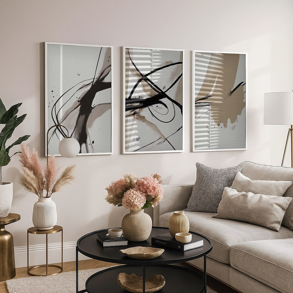 Set of 3 Abstract Wall Art Prints,Beige,white,living .Room