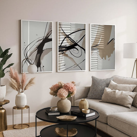 Set of 3 Abstract Wall Art Prints,Beige,white,living .Room