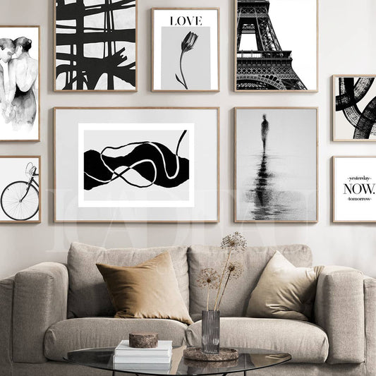 b&w set with bold abstract art.