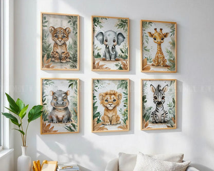 Set of 6 ,Watercolor Safari Animal Prints, Nursery