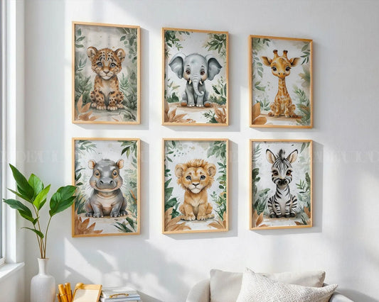 Set of 6 ,Watercolor Safari Animal Prints, Nursery